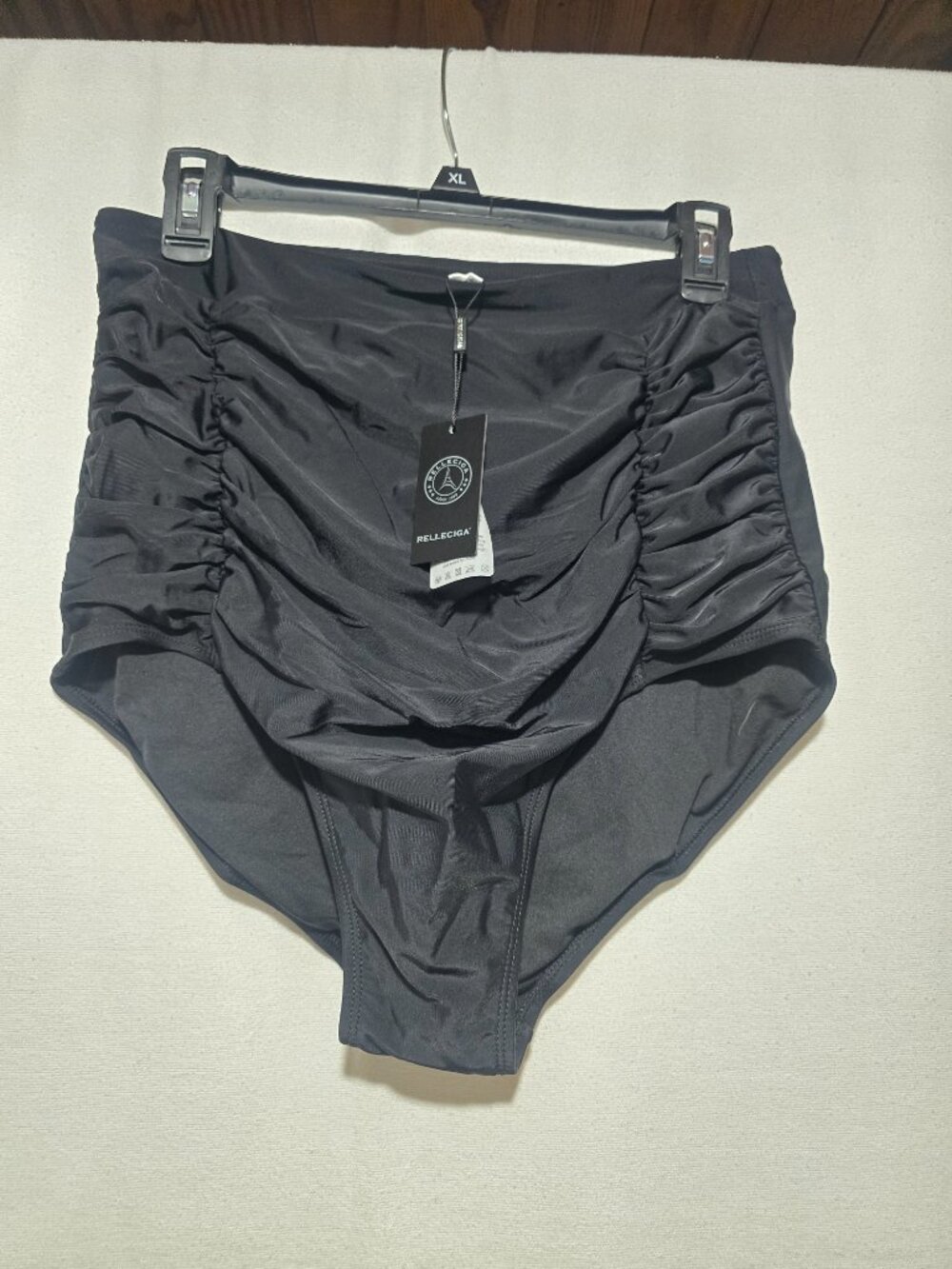 Relleciga Black High Waisted Ruched Bikini Bottom Women's Size XL NWT NEW